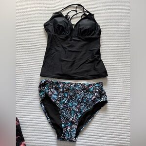 Black Tankini Top with Patterned High-Waist Bikini Bottoms